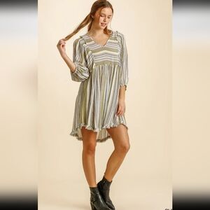 Umgee Olive Multicolored Striped V Neck 3/4 Balloon Sleeve Boho Dress Sz M